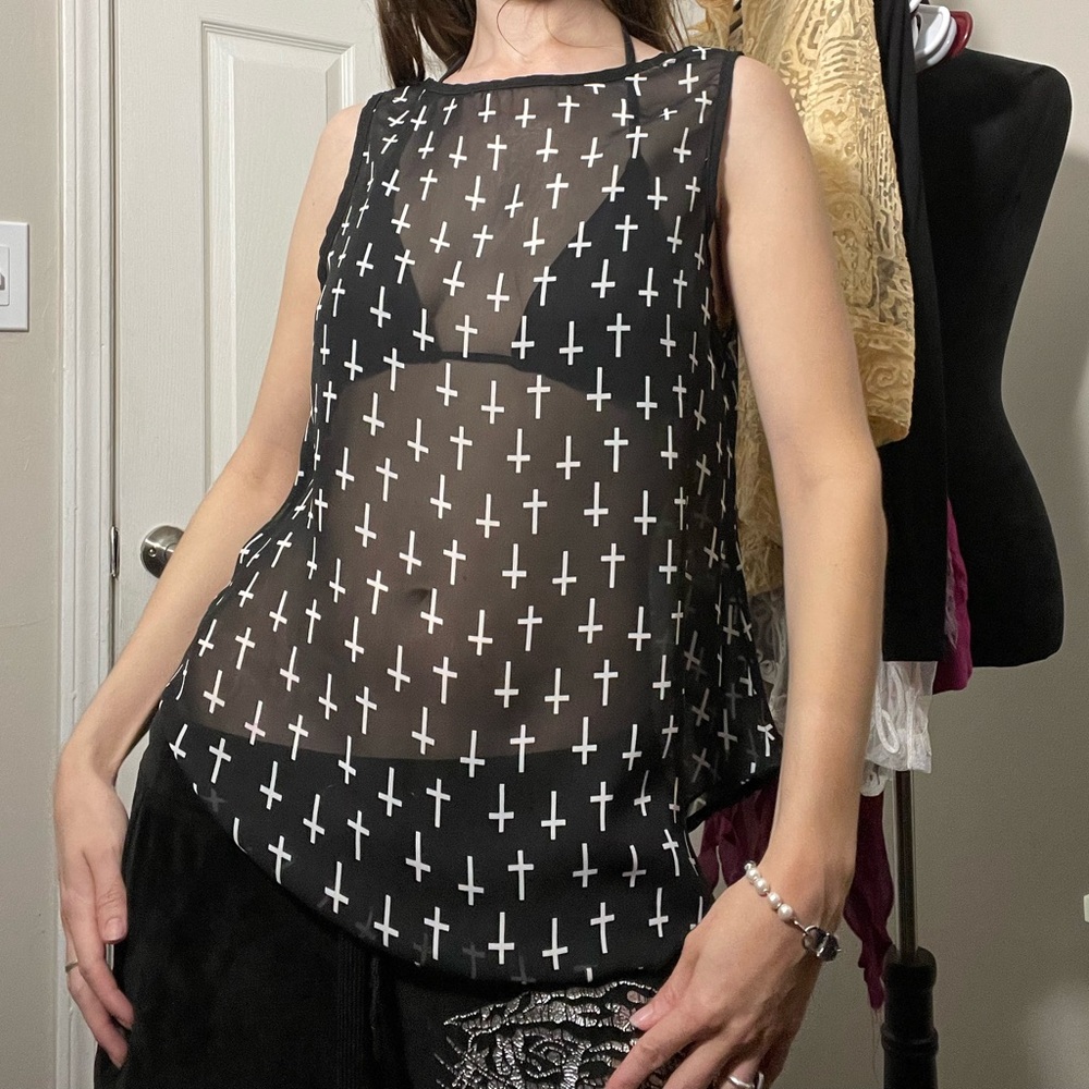 sheer cross print tank